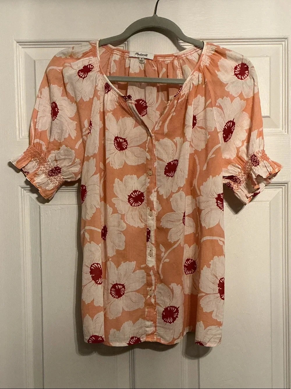 Madewell Peach and White Floral Button-Up Blouse with Red Accents
